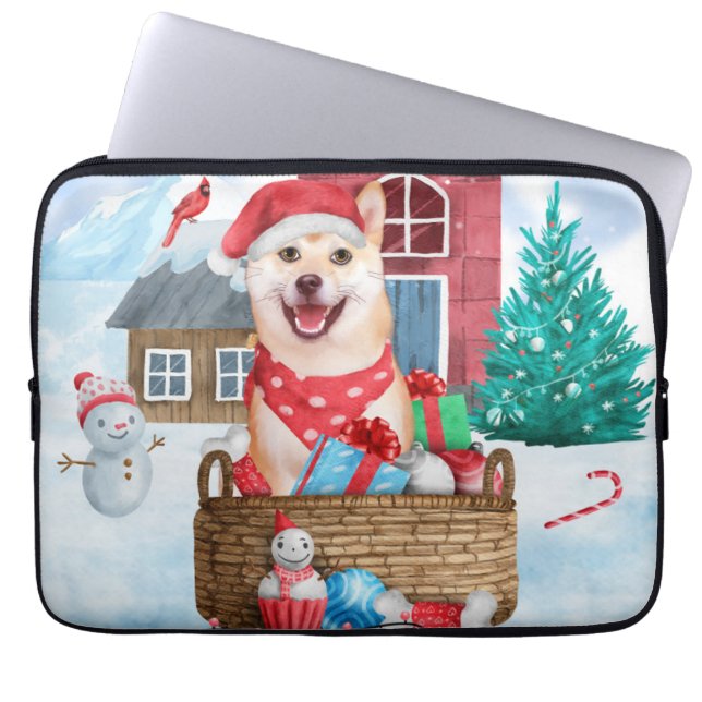 Shiba Inu Dog In snow Christmas Dog House Laptop Sleeve (Front)