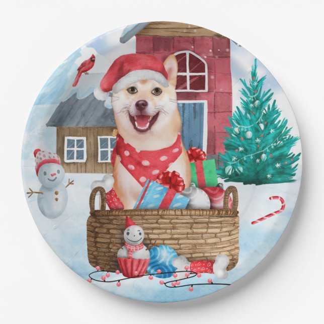 Shiba Inu Dog In snow Christmas Dog House Paper Plate (Front)