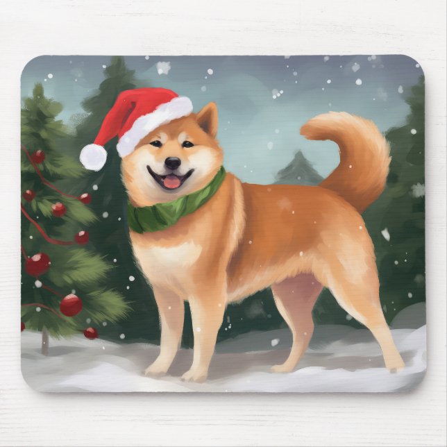 Shiba Inu Dog in Snow Christmas Mouse Pad (Front)
