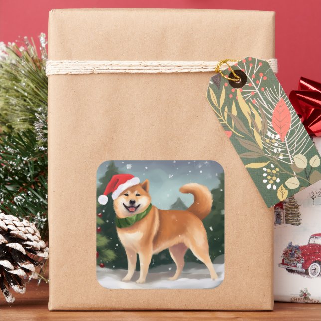 Shiba Inu Dog in Snow Christmas Square Sticker (Holiday)
