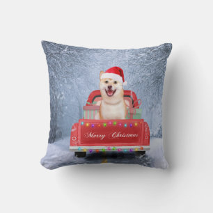 Shiba Inu Dog in Snow sitting in Christmas Truck  Cushion