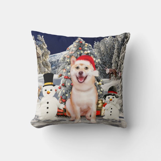 Shiba Inu Dog in snow with Christmas Hat Lights Cushion (Front)