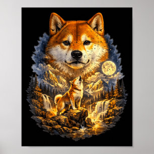 Shiba Inu Dog Nature Howling to the Moon Vintage Poster