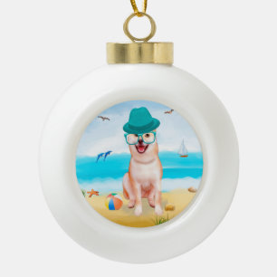 Shiba Inu Dog on Beach  Ceramic Ball Christmas Ornament