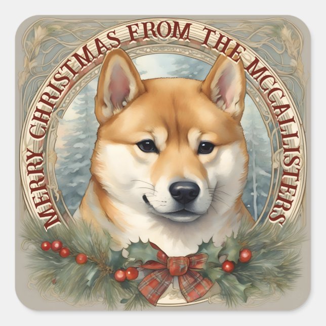 Shiba Inu Dog Personalised Christmas Card Sticker (Front)
