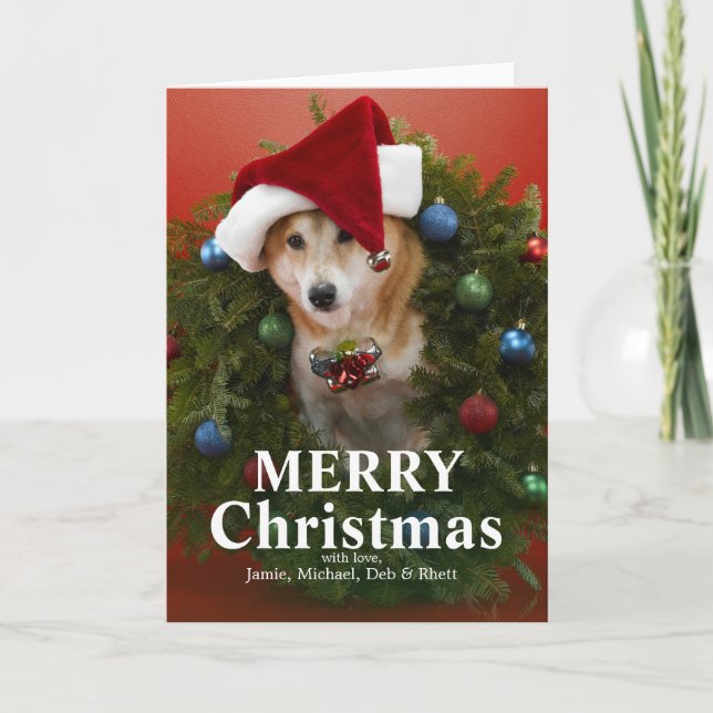 Shiba Inu dog sitting in Christmas wreath Holiday Card (Front)
