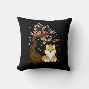 Shiba inu dog sitting under cherry blossoms tree cushion