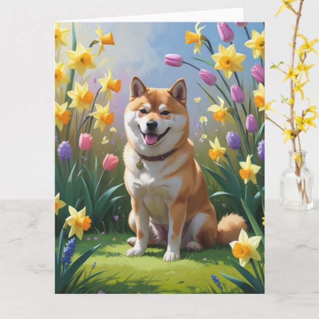 Shiba Inu Dog Spring Flowers Painting Card (Yellow Flower)