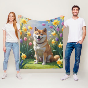 Shiba Inu Dog Spring Flowers Painting Fleece Blanket