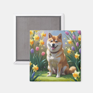 Shiba Inu Dog Spring Flowers Painting Magnet