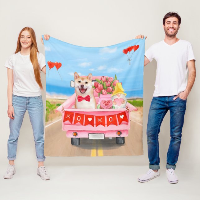 Shiba Inu Dog Valentine's Day Truck Fleece Blanket (In Situ)