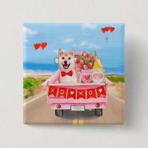 Shiba Inu Dog Valentine's Day Truck Hearts 15 Cm Square Badge