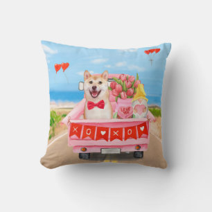 Shiba Inu Dog Valentine's Day Truck Hearts Cushion