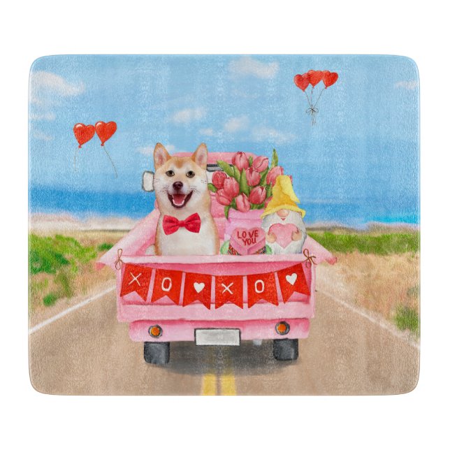 Shiba Inu Dog Valentine's Day Truck Hearts Cutting Board (Front)