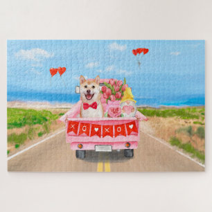 Shiba Inu Dog Valentine's Day Truck Hearts Jigsaw Puzzle