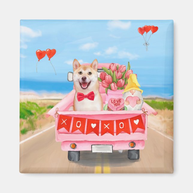 Shiba Inu Dog Valentine's Day Truck Hearts Magnet (Front)