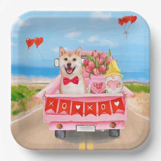 Shiba Inu Dog Valentine's Day Truck Hearts Paper Plate (Front)