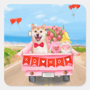 Shiba Inu Dog Valentine's Day Truck Hearts Square Sticker
