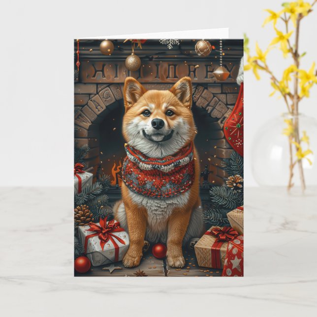 Shiba Inu Dog With Christmas Gifts Fireplace Card (Yellow Flower)