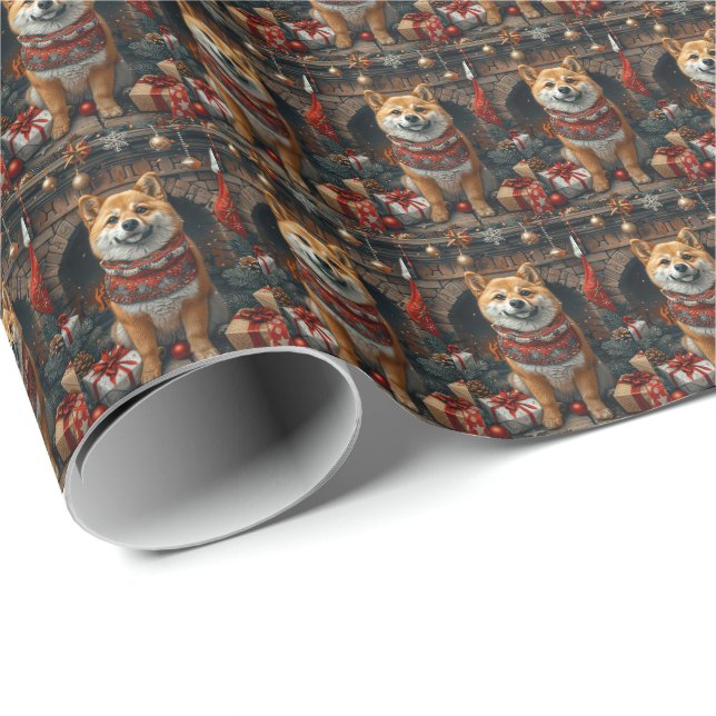 Shiba Inu Dog With Christmas Gifts Fireplace Wrapping Paper (Roll Corner)