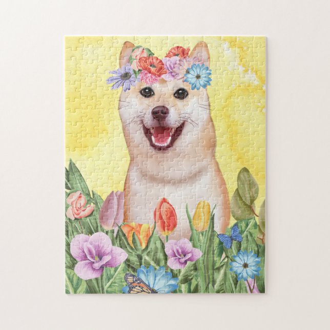 Shiba Inu Dog with Flowers Spring Jigsaw Puzzle (Vertical)