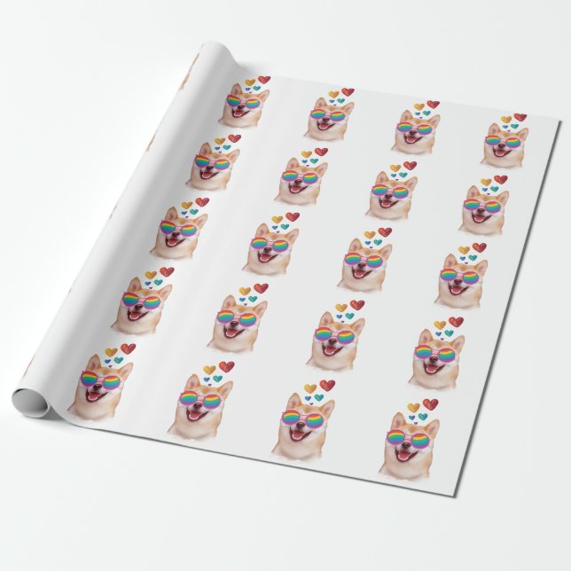 Shiba Inu Dog with Hearts Valentine's Day Wrapping Paper (Unrolled)