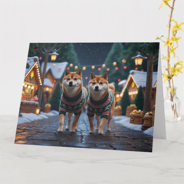 Shiba Inu Dogs Christmas Snow Holiday Card (Yellow Flower)
