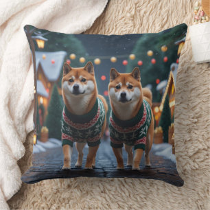 Shiba Inu Dogs Christmas Snow Holiday Cushion