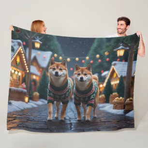Shiba Inu Dogs Christmas Snow Holiday Fleece Blanket