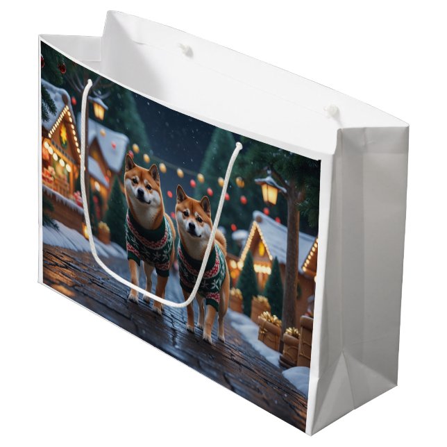 Shiba Inu Dogs Christmas Snow Holiday Large Gift Bag (Front Angled)