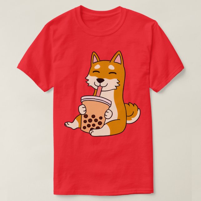 Shiba Inu Drinking Bubble Tea T-Shirt (Design Front)