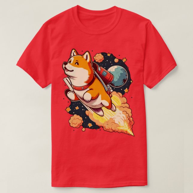 shiba inu flying into space with a rocket T-Shirt (Design Front)