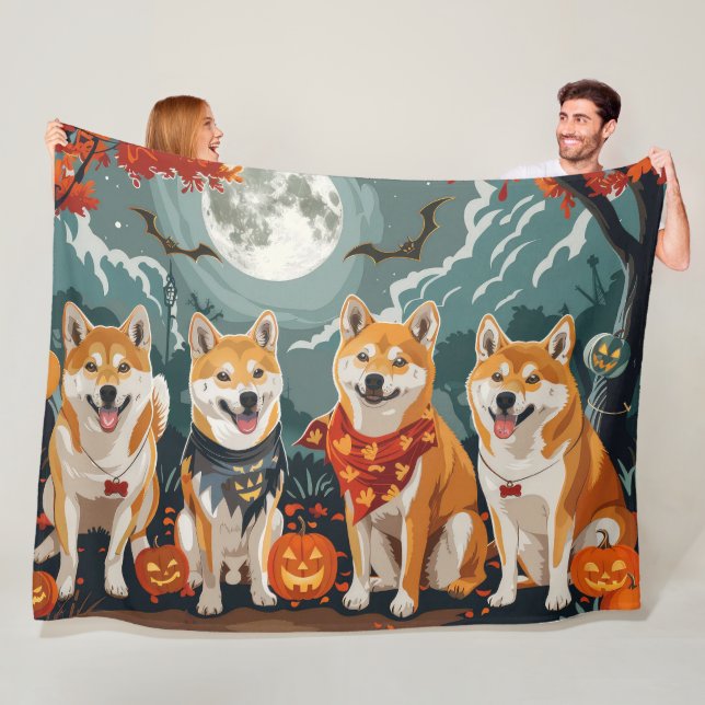 Shiba Inu Halloween Spooky Fleece Blanket (In Situ)