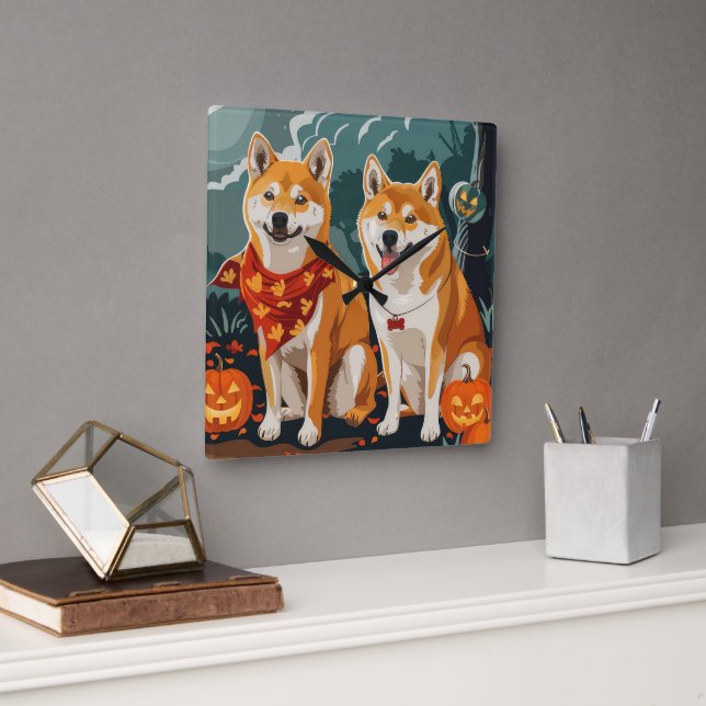 Shiba Inu Halloween Spooky Square Wall Clock (Office)