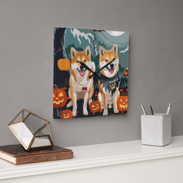 Shiba Inu Halloween Spooky Square Wall Clock (Office)