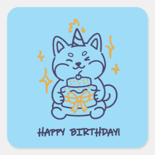 Shiba Inu Happy Birthday Retro Dog Art With Cake Square Sticker