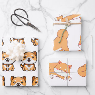 shiba inu happy cartoon wrapping paper sheet