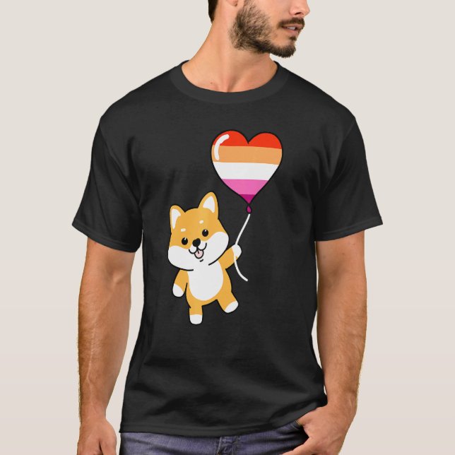 Shiba Inu Heart Balloon Orange Pink Lesbian 1 T-Shirt (Front)