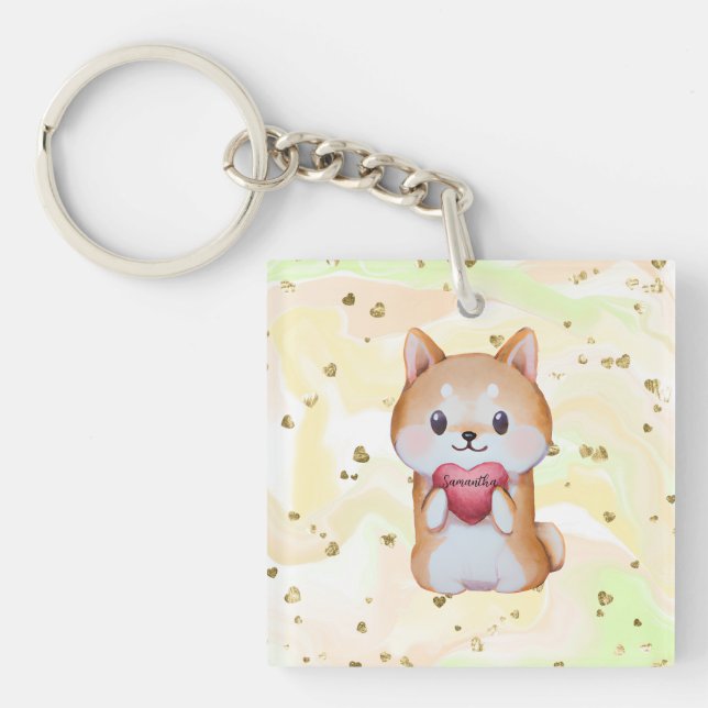 Shiba Inu Holding A Heart Key Ring (Front)