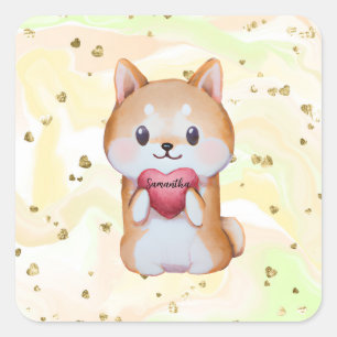 Shiba Inu Holding A Heart Square Sticker