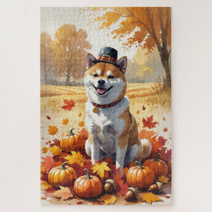 Shiba Inu In Autumn Leaves Thanksgiving Art  Jigsaw Puzzle