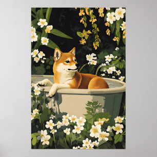 Shiba Inu In Bathtub Poster, Funny Dog Poster