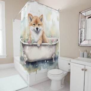 Shiba Inu In Bathtub Watercolor Dog Art  Shower Curtain