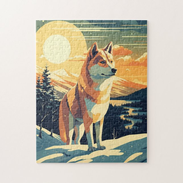 Shiba Inu in the snowy mountains during sunset Jigsaw Puzzle (Vertical)