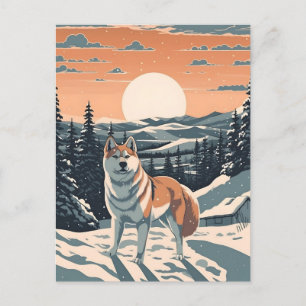 Shiba Inu in the snowy mountains during sunset Postcard