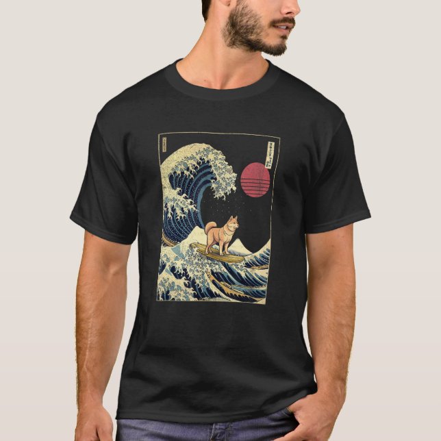 Shiba Inu Japanese Kanagawa Wave  Surf Dog T-Shirt (Front)