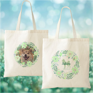 Shiba Inu Mint Green Flower Wreath Custom Name Tote Bag
