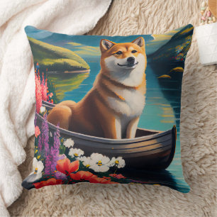 Shiba Inu on a Paddle: A Scenic Adventure  Cushion