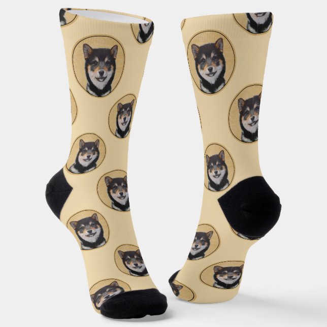 Shiba Inu Painting Black and Tan Original Dog Art Socks (Angled)