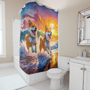 Shiba Inu Playing In Waves Design : Rich AMeN Gill Shower Curtain